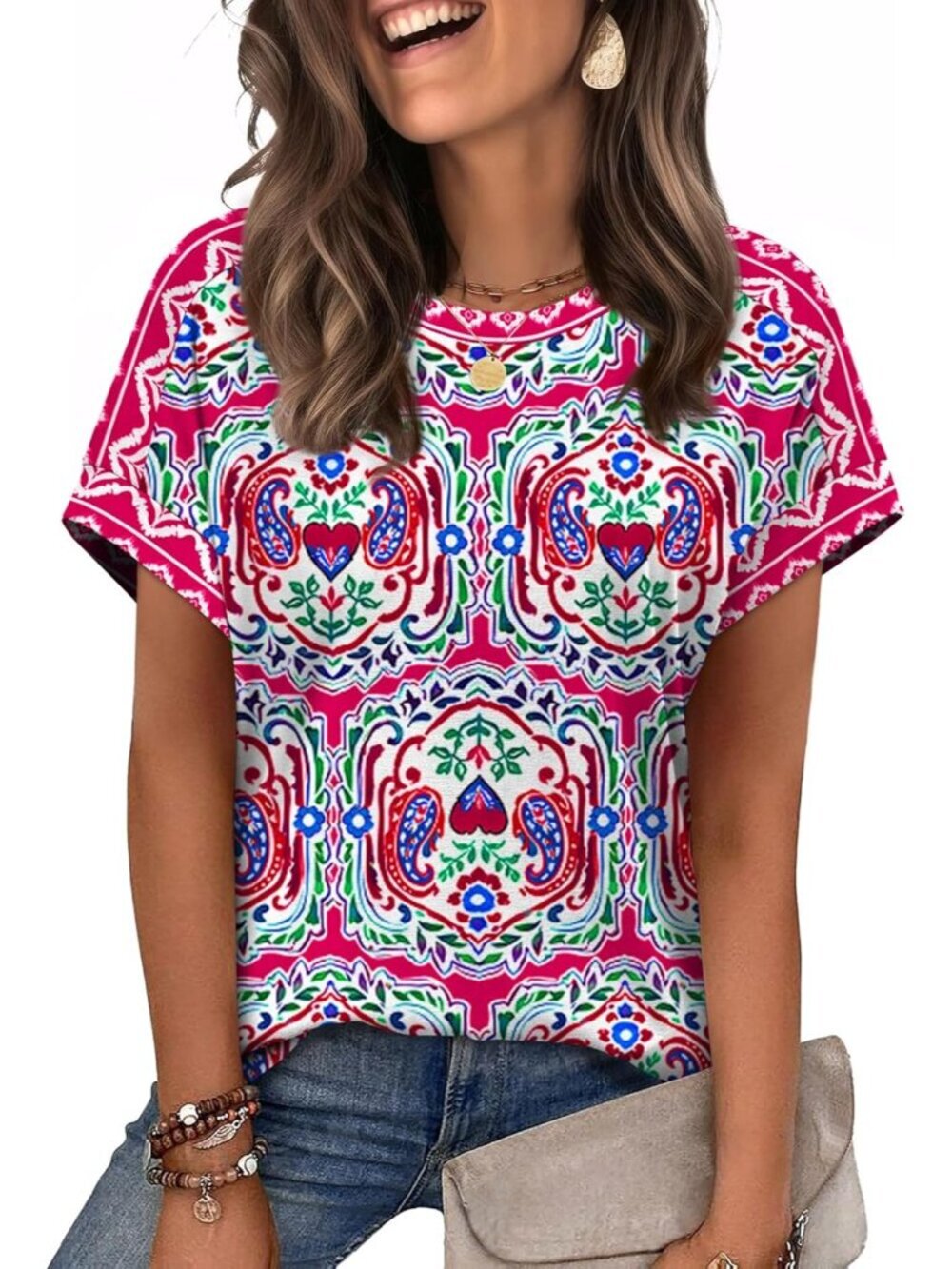 Women's Pink Aztec Boho Crew-neck Short Sleeve Classic Loose Fit Summer Shirt
